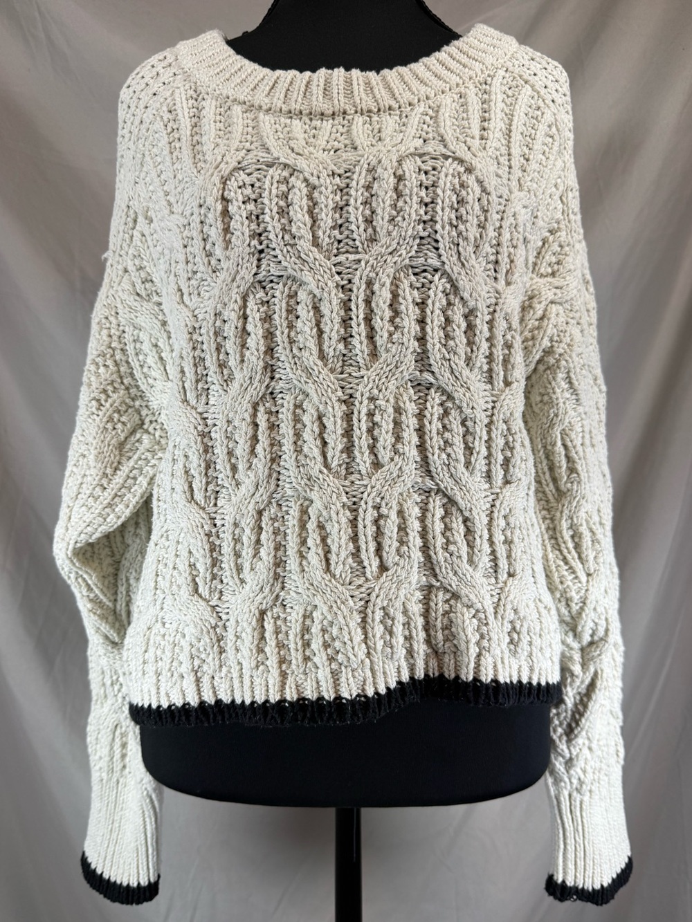 ZARA Chunky Cable Knit Fringe Sweater Cream/Black - Size Small
